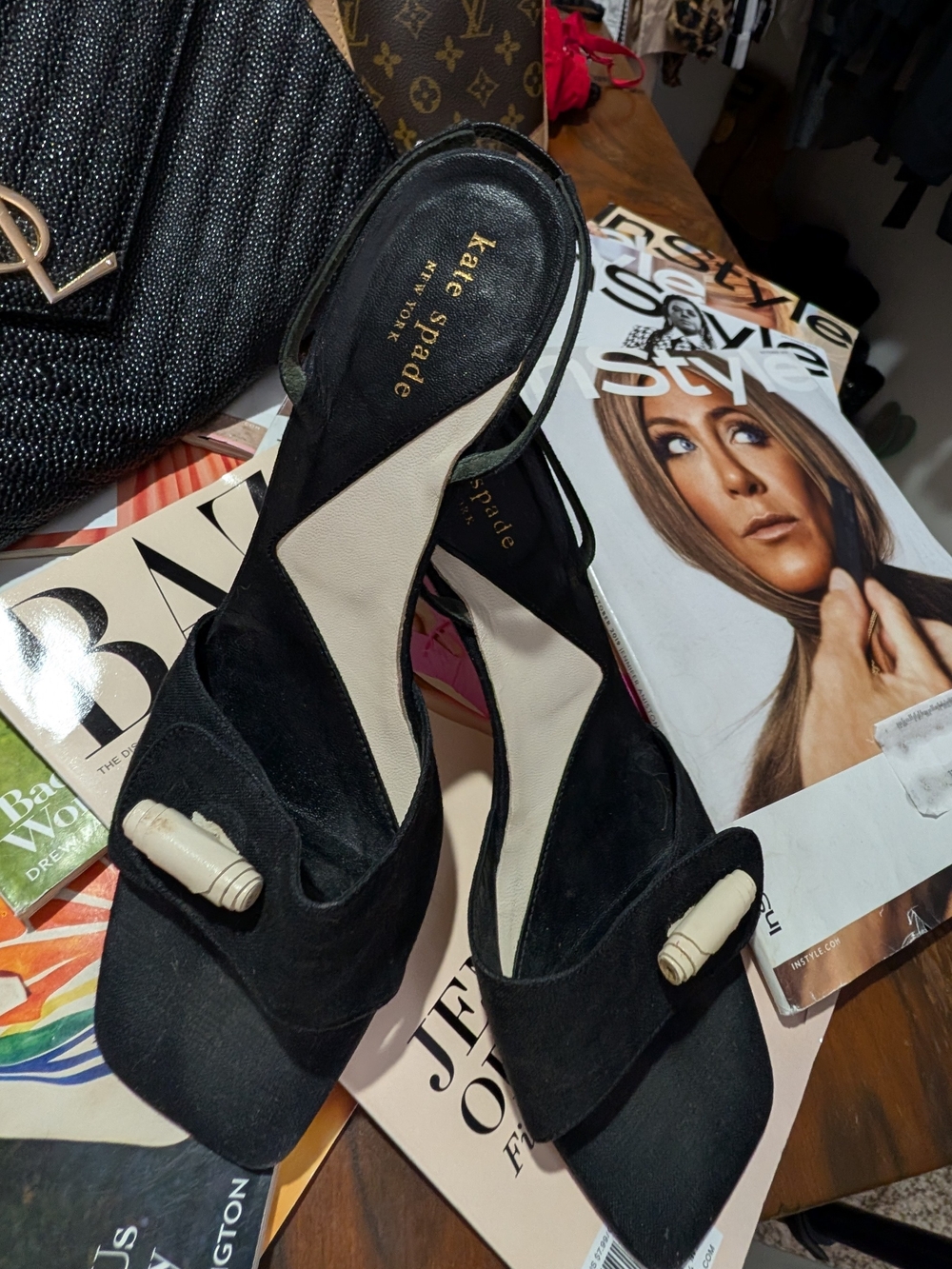 Early 2000's kate spade Black Suede Platform Slingback Heels with Cream Accents